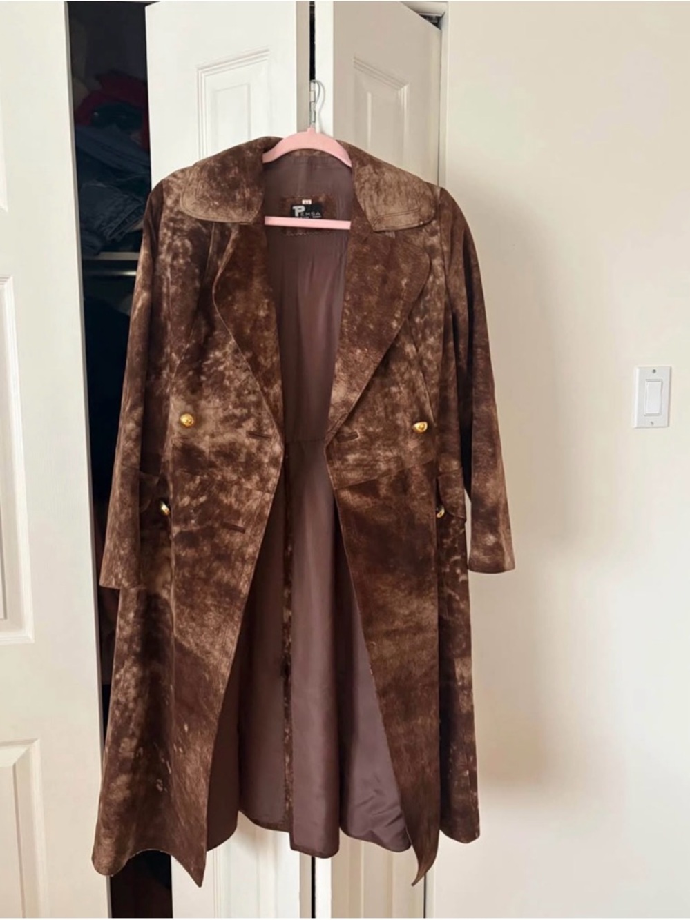 Real Suede Brown Long Coat with Gold Buttons